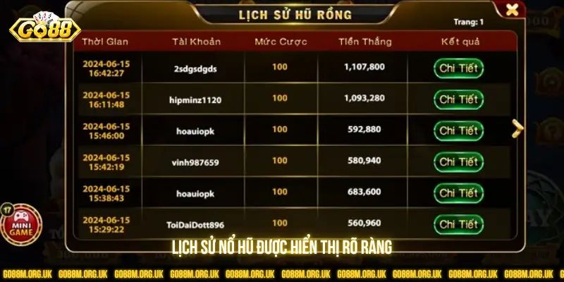 Lịch sử nổ hũ được hiển thị rõ ràng